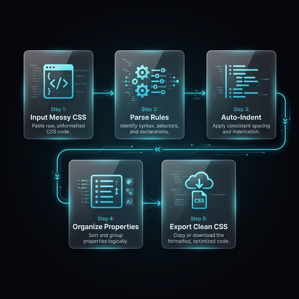 CSS Formatter Workflow - 5 Step Process from Input to Export