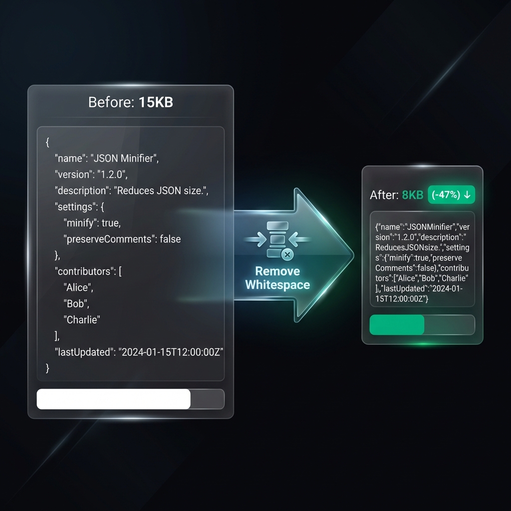 JSON Minifier Workflow - Before and After Size Comparison